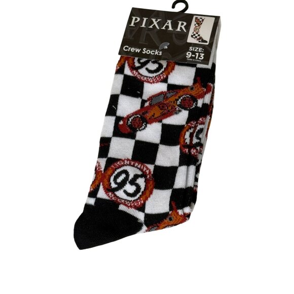 Pixar Cars Lightning McQueen Checkered Flag Crew Socks Size 9-13 Black White Red - Picture 1 of 2